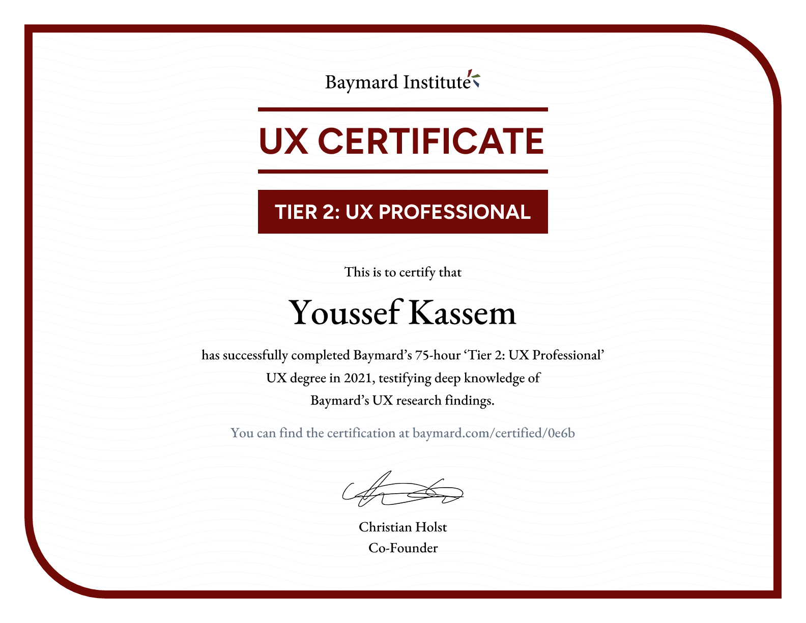 Youssef Kassem’s certificate