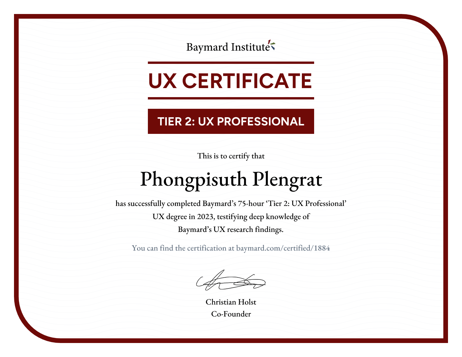 Phongpisuth Plengrat’s certificate