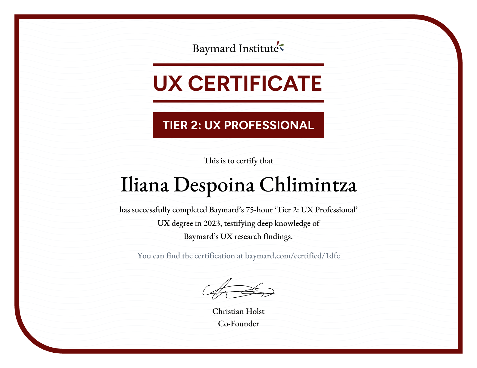 Iliana Despoina Chlimintza’s certificate