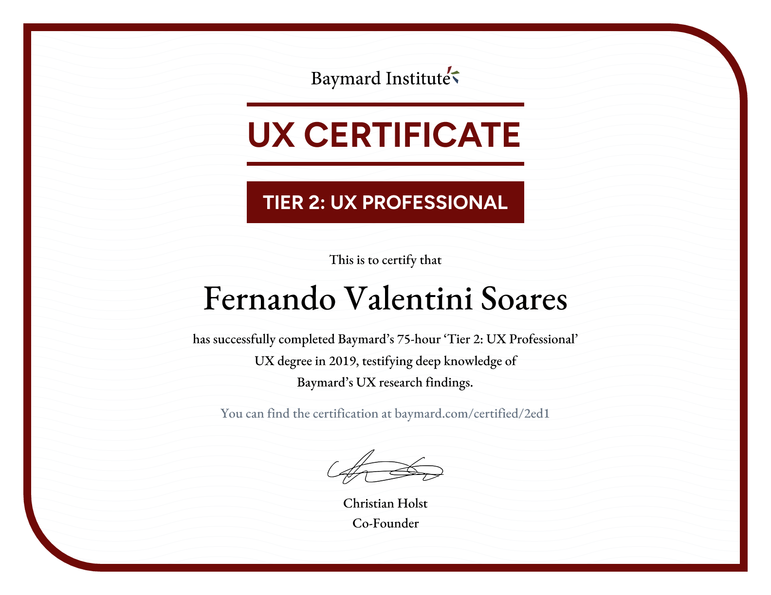 Fernando Valentini Soares’s certificate