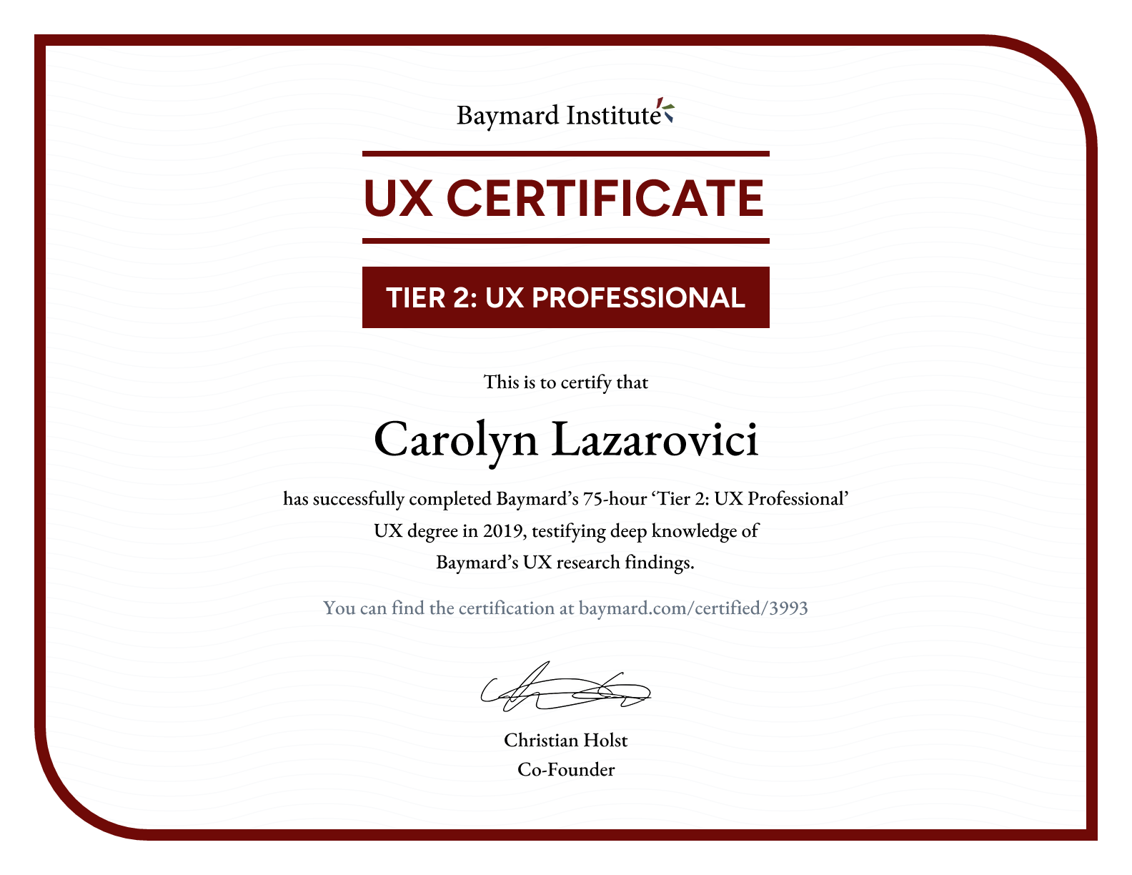 Carolyn Lazarovici’s certificate