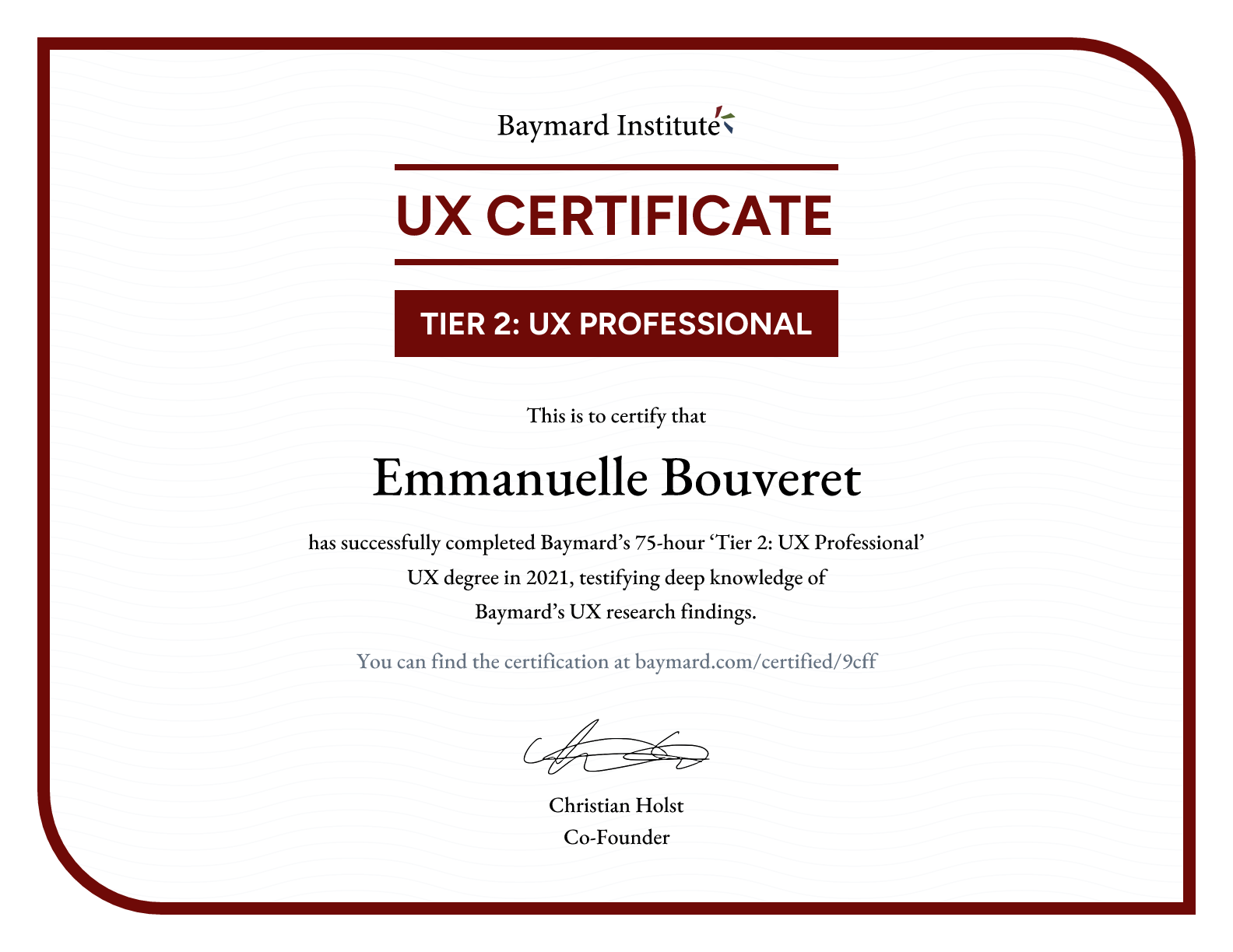 Emmanuelle Bouveret’s certificate