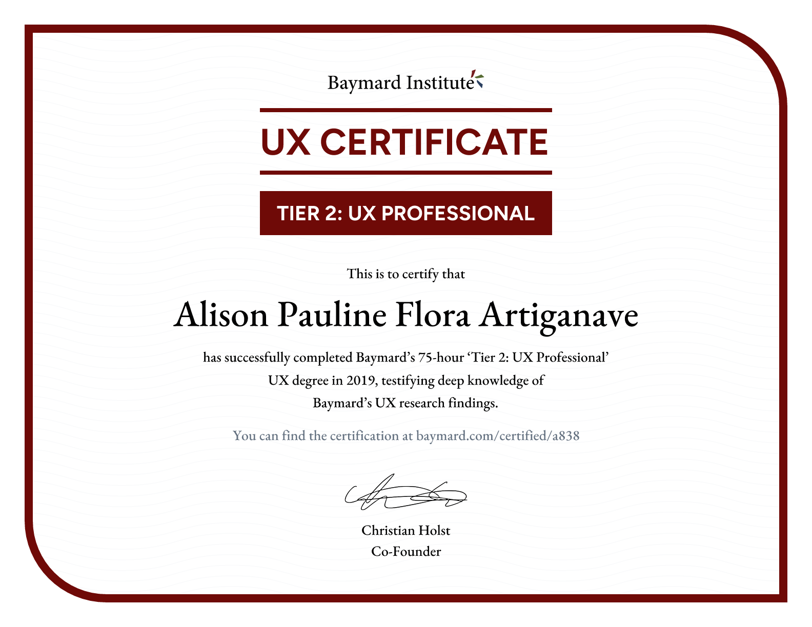 Alison Pauline Flora Artiganave’s certificate