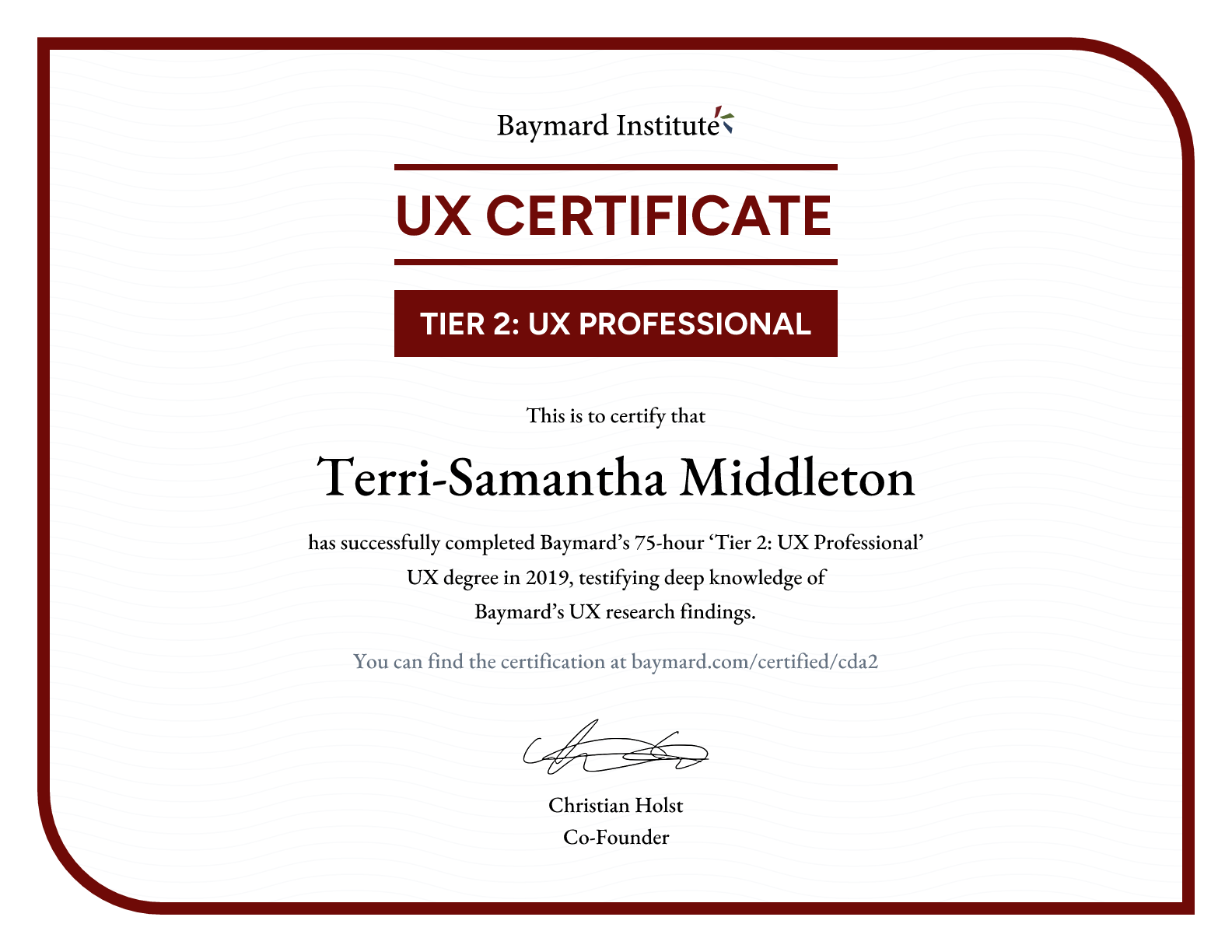 Terri-Samantha Middleton’s certificate