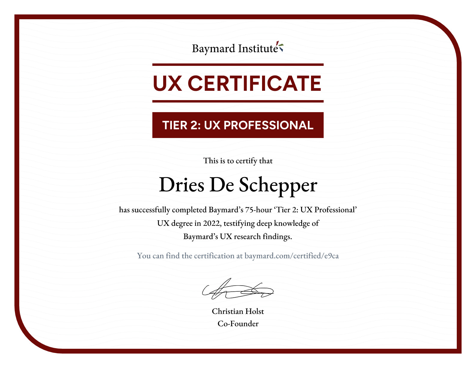 Dries De Schepper’s certificate