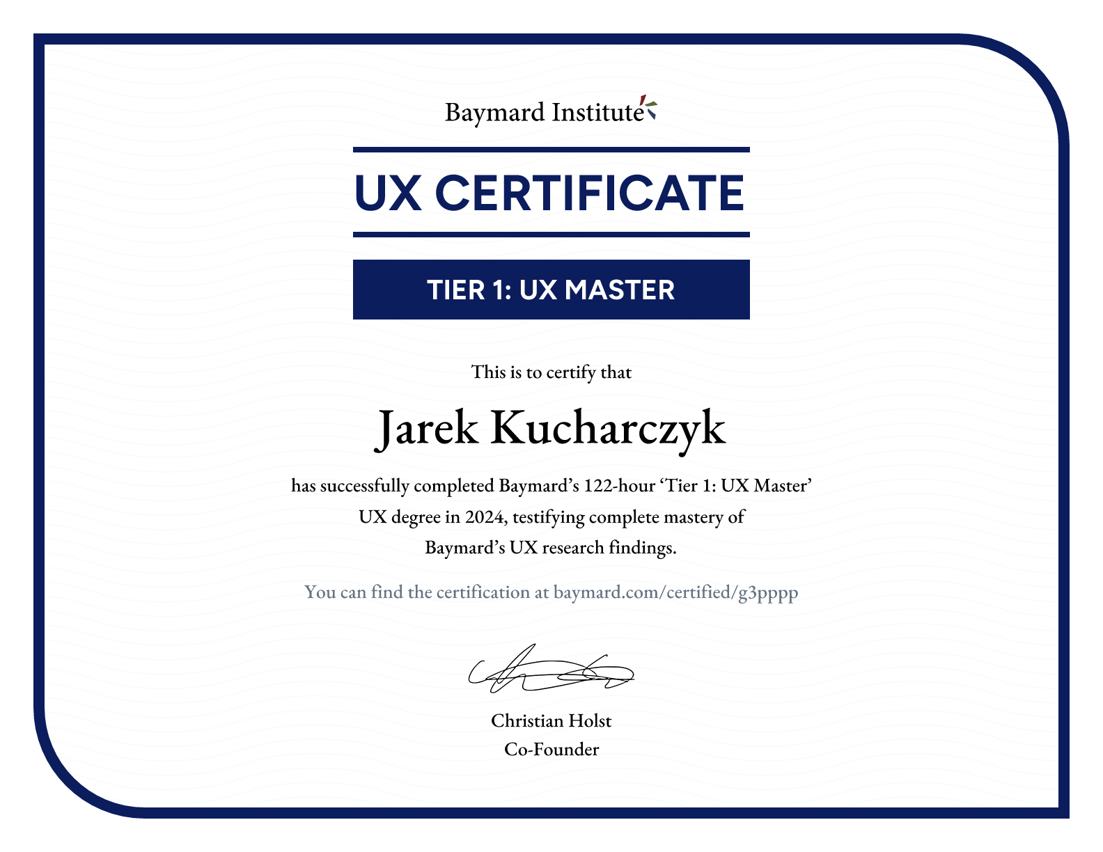 Jarek Kucharczyk’s certificate