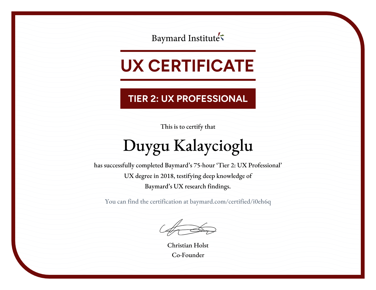 Duygu Kalaycioglu’s certificate