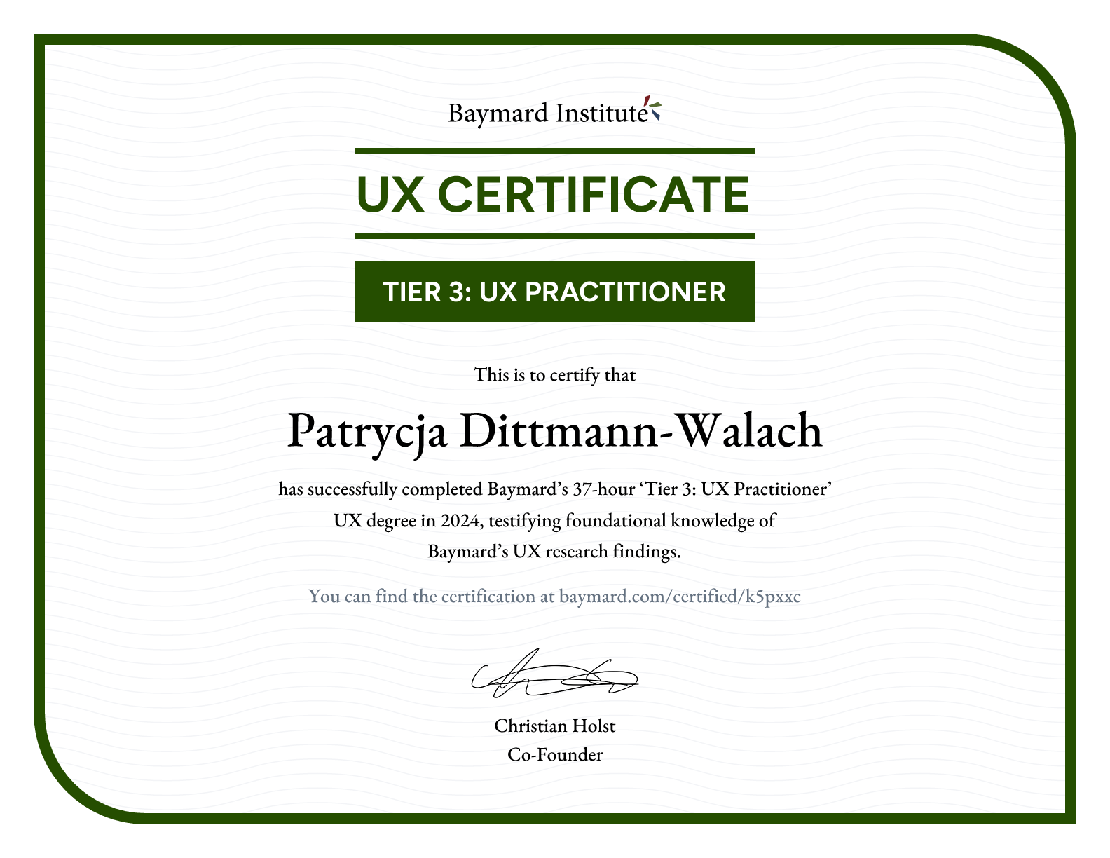 Patrycja Dittmann-Walach’s certificate