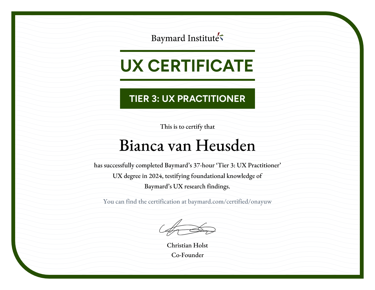 Bianca van Heusden’s certificate