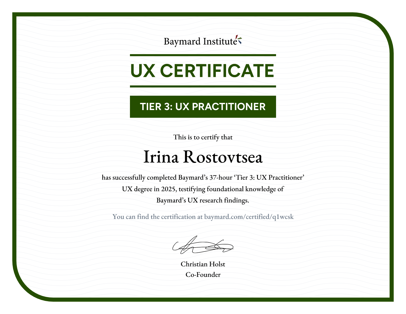 Irina Rostovtsea’s certificate