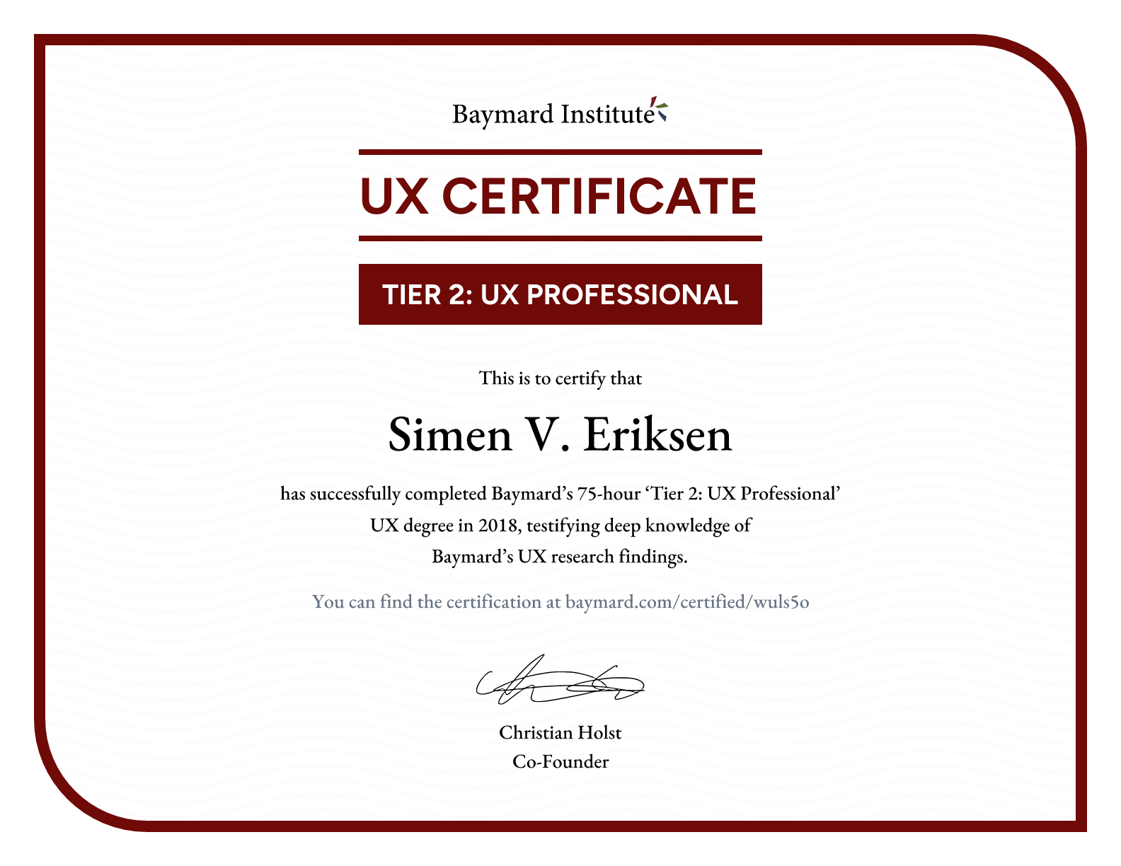 Simen V. Eriksen’s certificate