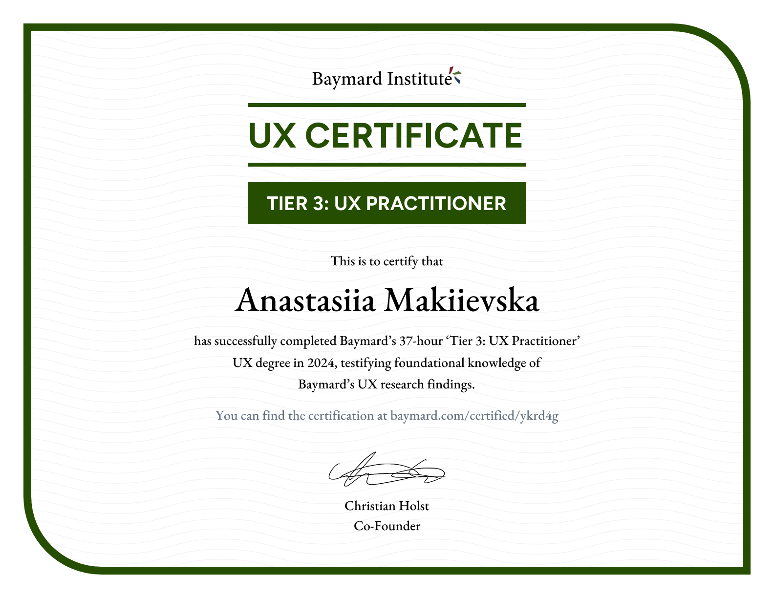 Anastasiia Makiievska’s certificate